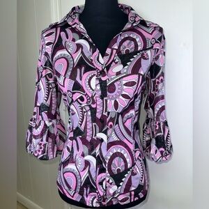 VINTAGE INC Women's Pink and Black Patterned Button Down Top